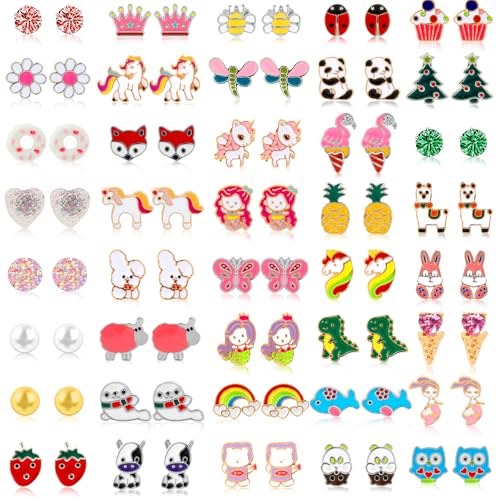 32/40 Pairs Hypoallergenic Stud Earrings for Girls Kids Stainless Steel Stud Earrings Set Vivid Colors and Multi-styles Cute Earring Jewelry Gifts for Girls Kids - Main Image