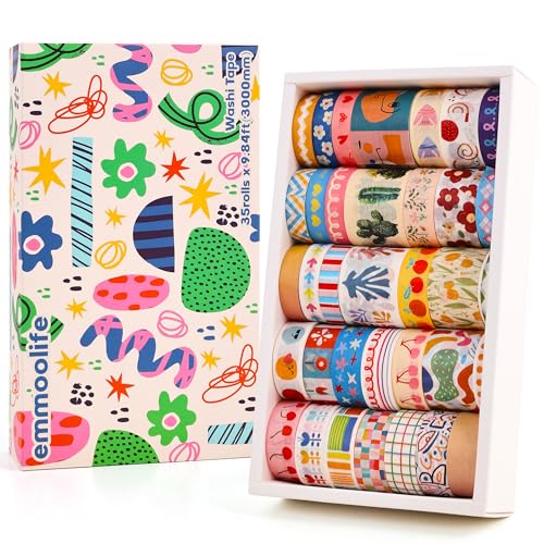emmoolife 35 Rolls Washi Tape Set, Colorful Cute Floral Writable Decorative Tapes for Scrapbooking and Journaling, Junk Journal Supplies, Bullet Journaling for Women Girl 5-30mm Wide 9.84ft Long/Roll