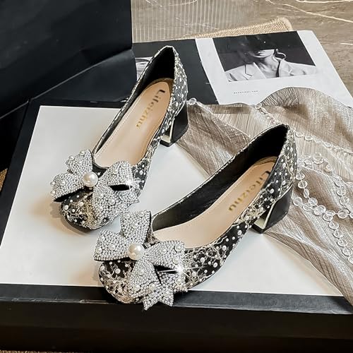 Women's Glitter Pearl Bow Chunky Heel Pumps,Fashion Sparkly Square Head Comfort Slip-On Block Heel Lace Bridal Shoes Prom Dress Loafers for Wedding Party Office3