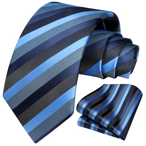 Image of HISDERN Mens Tie Striped Ties and Handkerchief Set Business Formal Woven Pocket Square Wedding College Stripe Necktie