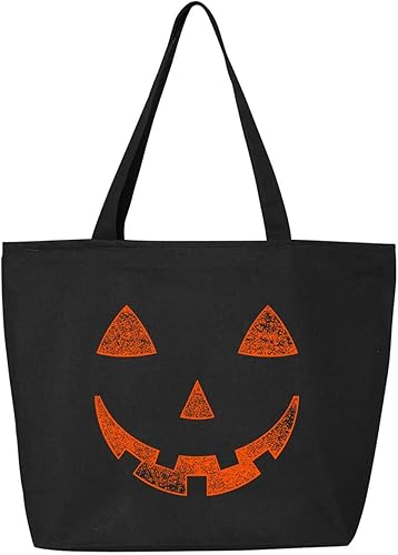 shop4ever Bolsa de lona pesada naranja Jack O' Lantern con cara de calabaza para Halloween, truco o trato con cremallera, bolsa de compras