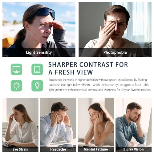 Image of Blue Light Blocking Glasses for Women, Oversized Trendy Cat Eye Computer Gaming Glasses for Migraine, Light Sensitivity, Photophobia & LED Fluorescent Glare RF6204 (Green Lens Clear Frame)
