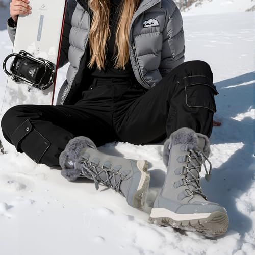 DREAM PAIRS Women's Waterproof Winter Snow Boots, Warm Comfortable Faux Fur Insulated Non-Slip Outdoor Lace-Up Florin Mid Calf Booties,Size 8.5,Light/Grey,SDSB2206W