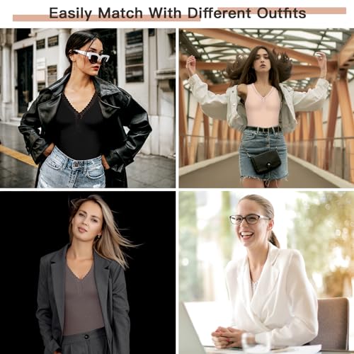 WOWENY Camiseta térmica de manga larga para mujer con encaje, sin mangas, manga larga, elegante, cuello de pico, cálida, cómoda, dralon, Negro , L