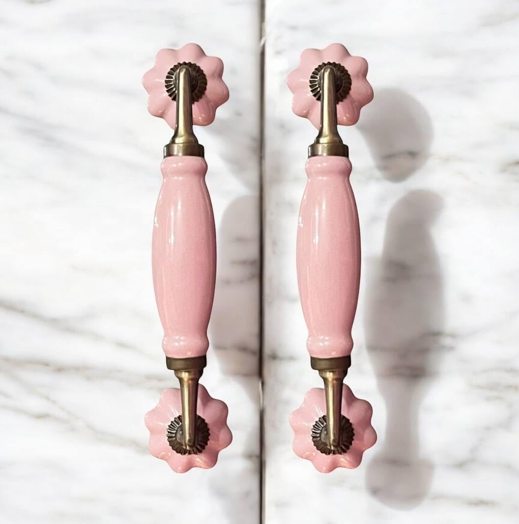 Maison Belle Ceramic Door Handle Gold Antique Finish - Hole to Hole 6.5 INCH (Pack of 1 Handle) (Pink - Size 8.5 INCH) — Amazon image 2