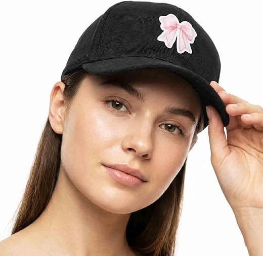 faas Stylish Black Baseball Cap with Pink Bow Patch | Trendy Cute Cap for Girls &amp; Women | Adjustable Casual Fashion Hat (P...