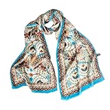 Bursa Ipek 100% Mulberry Silk Long Scarf for Women Fashion Designer Printed Breathable Lightweight Wrap 14x60 Inches (Peacock Design Blue-Brown)