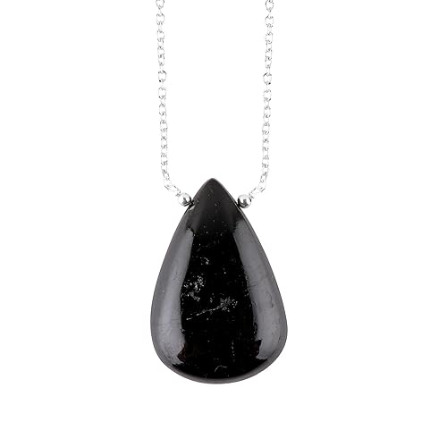 Thecraftman Natural Black Tourmaline Pear Cabochon Necklace, Gemstone Pendant Necklace, Genuine Gemstone, Birthstone, Gift for Her, Healing Stone,