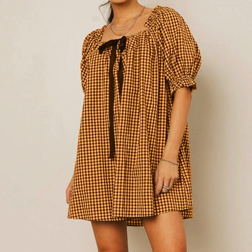 Image of Women Y2k Puff Sleeve Babydoll Dresses Square Neck Tie Back Mini Dress Summer Solid Off Shoulder Flowy Sundress