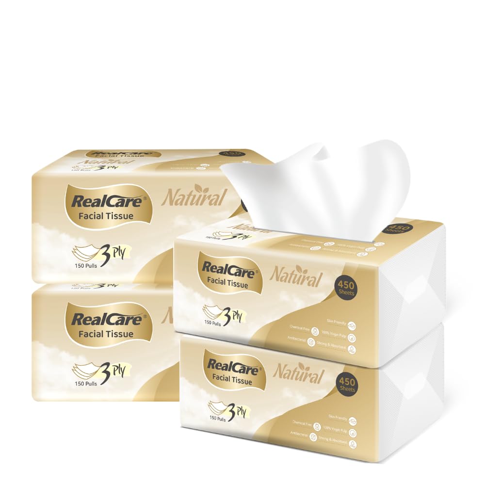 Realcare 3-Ply Facial Tissues | Ultra Soft, Strong & Highly Absorbent | 100% Virgin Pulp | Chemical-Free, Antibacterial & Skin-Friendly | Mutipurpose Tissue | Pack of 4 (600 Pulls)-image-36