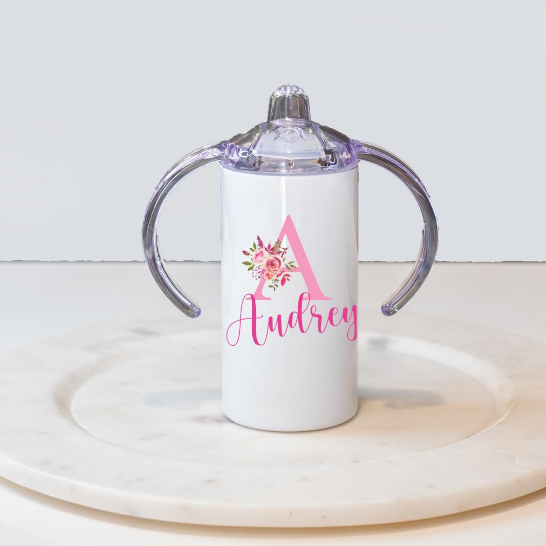 Personalized Floral Initial Sippy Cup Girls | Any Name or Text | Custom Baby Girl Gift | Tumblers for Toddlers | Stainless Steel Insulated Cups for