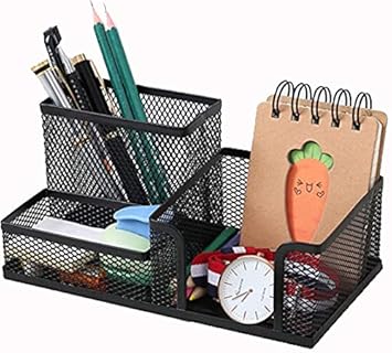 Shopiable Store Metal Mesh Desk Pen Organizer Holders Stationery Storage Baskets Stand for Office Study Table (3 Compartment), Black - image, photos