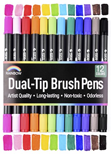 Rainbow Dual Tip Pens - 12 Unique Watercolors - Water Based Ink - Art Marker Set for Coloring, Journaling, Sketching & Calligraphy