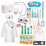 Anpro Houten dokterskoffer kinderspeelset met stethoscoop, Arzttasche, tandartsaccessoires en meer, speelgoed voor rollenspel, 34 stuks, medische kit voor kinderen vanaf 3-8 jaar