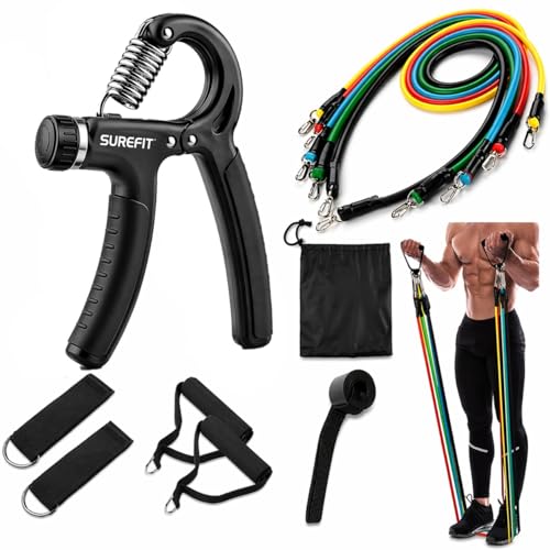 Image of SUREFIT Hand Grip Strengthener Adjustable with Resistance Bands Set, Finger Exerciser, Forearm Trainer | Home Gym Fitness Kit for Men & Women | Strength Training, Muscle Builder & Workout Equipment (Adjustable- 5-60 Kg)