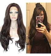 Anogol Hair Cap+Natural Wave Brown Synthetic Lace Front Wig Long Women's Wigs Brown Lace Front wi...