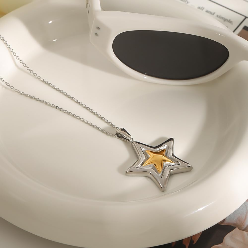 Two-Tone Star Pendant Necklace Gold And Silver Mixted Metal Choker Necklace Dainty 18k Gold Plated Star Chain Choker Fashion Jewelry Christmas Birthday Gifts - Image 6