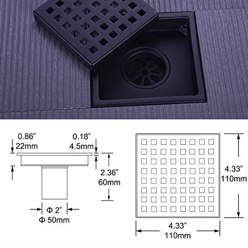 Square Shower Drain 4 Inch, Nicmondo Point Center Floor Waste Drain With Removable Grate Cover, Stainless Steel 11Cm X 11Cm, Matte Black #TOP1
