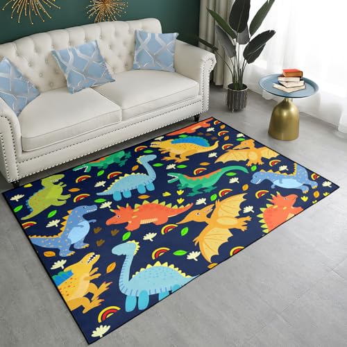 Lovely Navy Blue Dinosaurs Area Rugs Lovely Dinosaur Rugs for Boys Navy Blue Cute Animal Patterns Carpets Dinosaur Rugs for Boys Bedroom Living Dinning Room Bedroom Kitchen Playing Room, 2'5''×4'