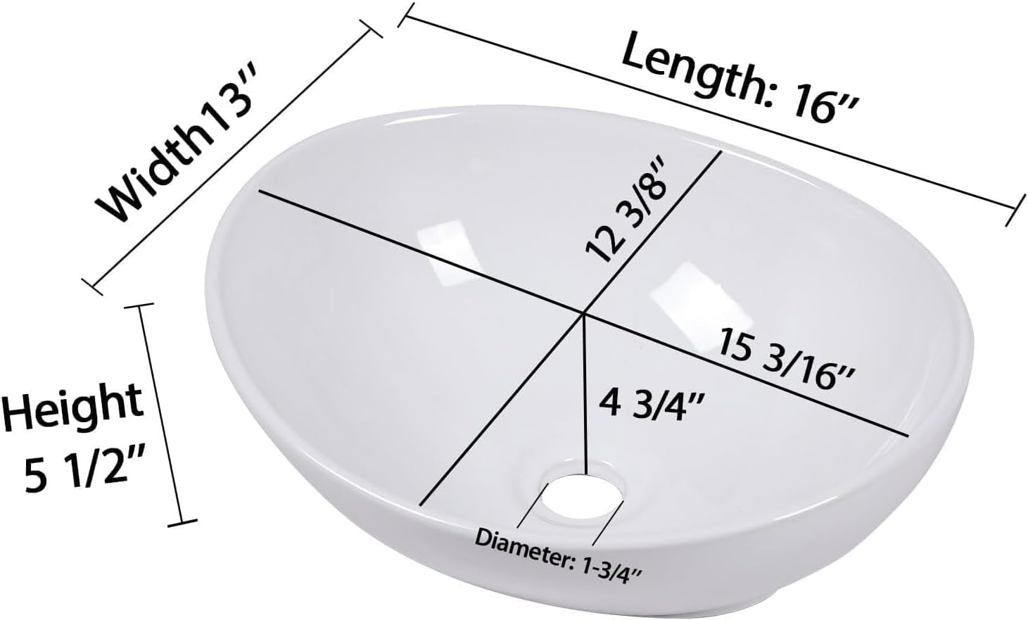 Oval Vessel Sink, Modern Egg Shape Above Counter Bathroom Basin, White Porcelain Ceramic, 16x13 Inch