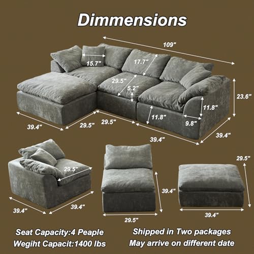 Image of Cloud Couch Sectional for Living Room, Modular L Shaped Boneless Sofa with Chaise, Compressed No Assembly Couch, Deep Seat Chenille Upholstered Convertible Sofa Bed (Grey)