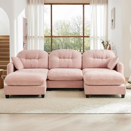Image of KEIKI 107 inch U-Shaped Oversized Chenille Modular Sectional Sofa with 2 Ottoman, High-Density Foam Cushions, Tufted Pleated Cushion Backrest, Modern 3-Seater Couch with 2 Pillow, for Living Room, Pink