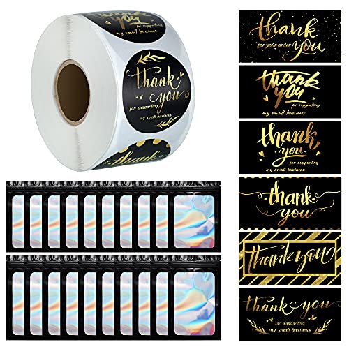 740 Pieces Thank You Card and Sticker Set, Include 120 Thank You for Supporting My Small Business Card with 600 Thank You Labels in 6 Styles, 20 Resealable Holographic Bag for Business Owners Sellers