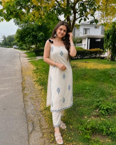 Image of Women's Embroidered Kurta Set, Off-White with Blue Floral Print, Sleeveless Strappy Kurta with Pom-Pom Detail and Matching Pants