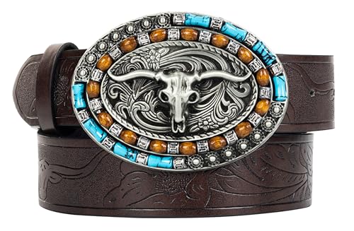 Image of Western-Cowboy-Leather-Belts for Women Turquoise-Oval-Buckle Embossed Belt
