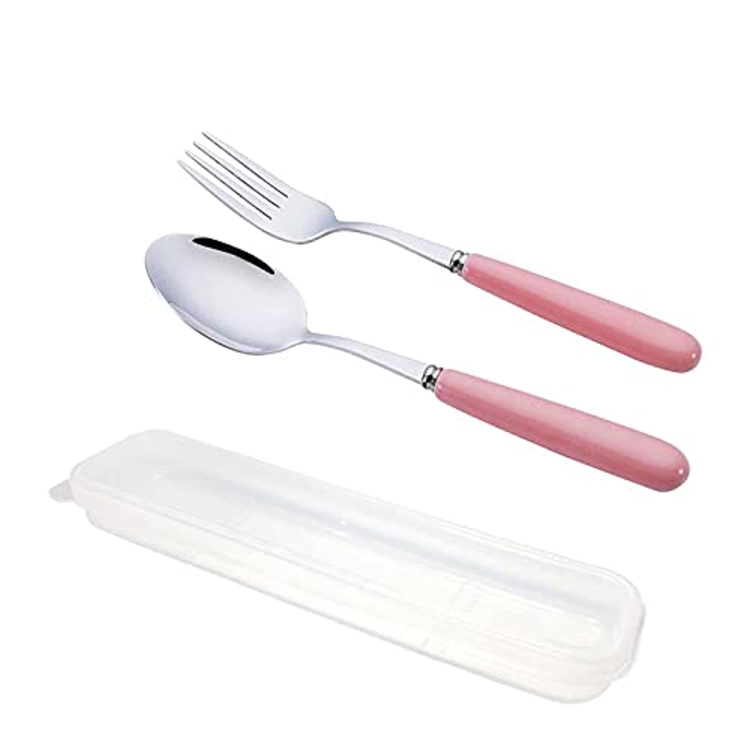Portable Flatware Set with Case 304 Stainless Steel Fork and Spoon Reusable Flatware Set Dishwasher Safe Flatware Utensils with Ceramics Colored Handle for To Go Anywhere (PINK)