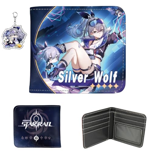 Honkai Star Rail Wallet for Men Women Bifold Wallet Kawaii Anime Honkai Purse Card Holder, Free Keychain (Silver Wolf-1)