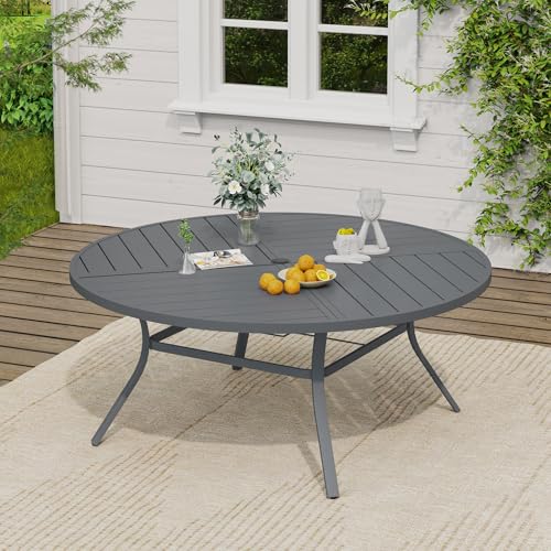 Image of VICLLAX 63 inch Round Outdoor Table, Patio Dining Table for 8-10 with Umbrella Hole for Garden Lawn Deck Backyard, Dark Grey