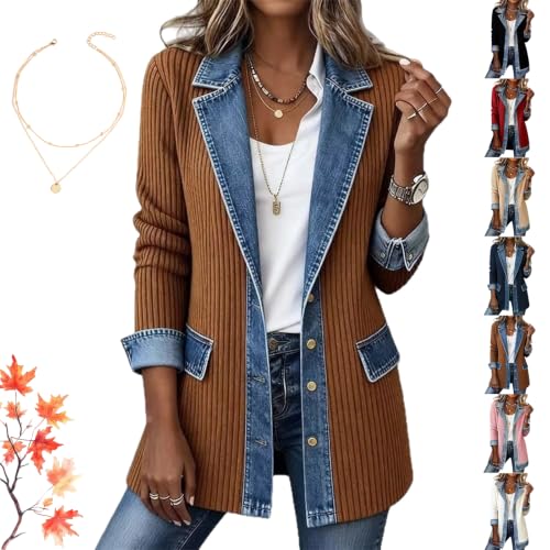 Giheukse Women’s Elegant Denim Spliced Ribbed Knit Coat (Khaki,Medium)