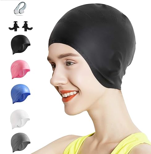 Gorro de natación de silicona para mujeres y hombres, cómodo gorro de baño largo, con bordes reforzados, diseño a prueba de desgarros,