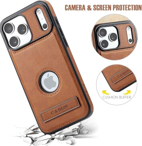 Image of Casus Designed for iPhone 17 Pro Case Compatible with MagSafe Kickstand Vegan Leather Slim Classic Luxury Elegant Protective Cover with Tempered Glass Screen (2025) 6.3 inch - Brown