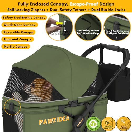 Image of PAWZIDEA Dog Stroller for Large Dogs Up to 80 lbs, No-Zip 180 Reversible Canopy, One-Hand Foldable Pet Stroller for 2 Medium Dogs, Heavy Duty & Low-Entry, All-Terrain Jogger Wheels, Storage Organizer