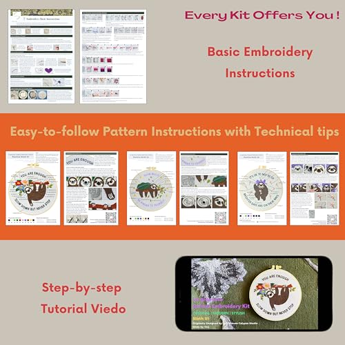 Image of La glaneuse 3 Pack Embroidery Kit for Adult, Beginner Embroidery Kit of Positive Sloth Patterns with Positive Healling Quotes for Mental Healing
