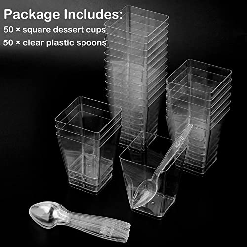 50 Pack 5 Oz Square Dessert Cups With Spoons - Mini Parfait Cups, Appetizer Cups, Clear Plastic Party Dessert Cups For Serving Fruit Trifle Mousse And Pudding #TOP6