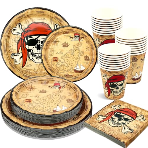 Lot de 100 décorations de fête pirate, vaisselle de table pirate comprenant assiettes, serviettes...