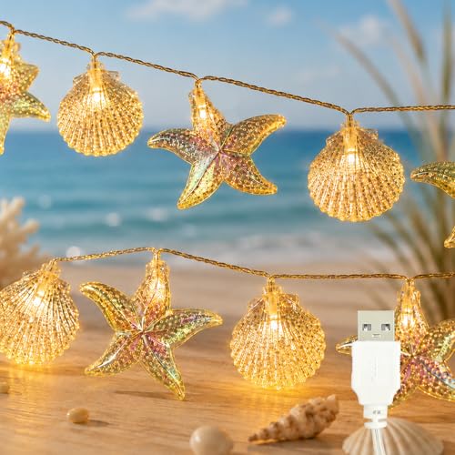 ZingBox Meerestiere Lichterkette 2 M 10 LED USB-Betrieben Muscheln Seesternen Meerestiere Deko Meer Lichterketten für Sommer Deko Kinderzimmer Partys Hochzeiten Strände
