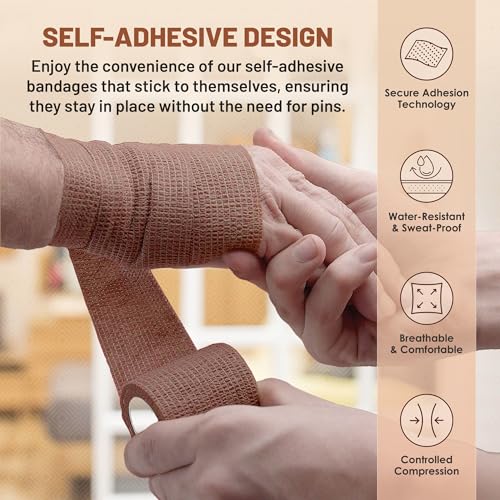 Self Adherent Cohesive Tape - 2" x 5 Yards, 12 Pack (Medium Tan) Self Adhesive Bandage Rolls & Sports Athletic Wrap for Ankle, Wrist, Knee Sprains and Swelling miniatura 4