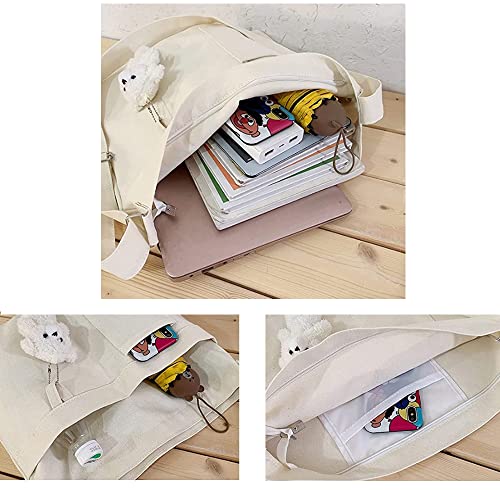 Image of Cotton Tote Handbag Women Canvas Crossbody Beach Bag Hobo Shoulder Tote Bag with 3 External Pocket,Zipper Closure