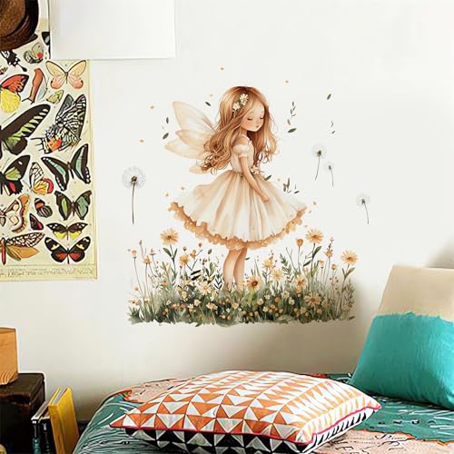sacinora Angel Girl Butterfly Fairy Wall Stickers, Dandelion Flower Girl Wall Decals Removable Vinyl Peel and Stick Kids Baby Children Nursery Bedroom...