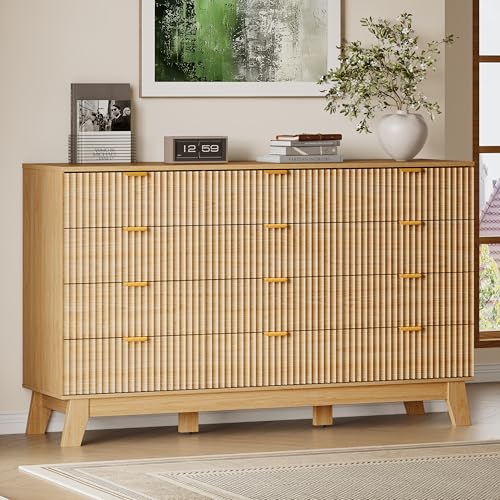 Image of BORNOON 57 inch Wide Dresser for Bedroom, 12-Drawer Fluted Dresser with Metal Handles, Wood Chest of Drawers with Smooth Slides and Stable Base, Modern Storage Cabinet for Living Room, Nursery