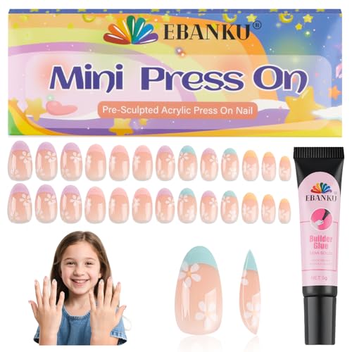 EBANKU 26 Pcs Press on Nails for Girls, Flower Fake Nails for Kids 5-12 Years Nails Kit with Nail Glue, Short Full Cover Nails Tip for Child