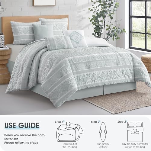Image of LANCO MODERN LIFESTYLE 7 Piece King Comforter Set, Dusty Green, Elegant Jacquard with Patchwork, Stylish and Cozy Bedding Collection, Premium Bedding Set with Bedskirt, Shams and Pillows