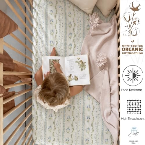 Image of Brandream Organic Crib Sheets for Girls Boys Fitted Crib Mattress Sheet Neutral, Soft Breathable Cotton Cover for Baby Bed Toddler Mattress, Blue Grandmillennial Botanical Floral Stripes and Vines