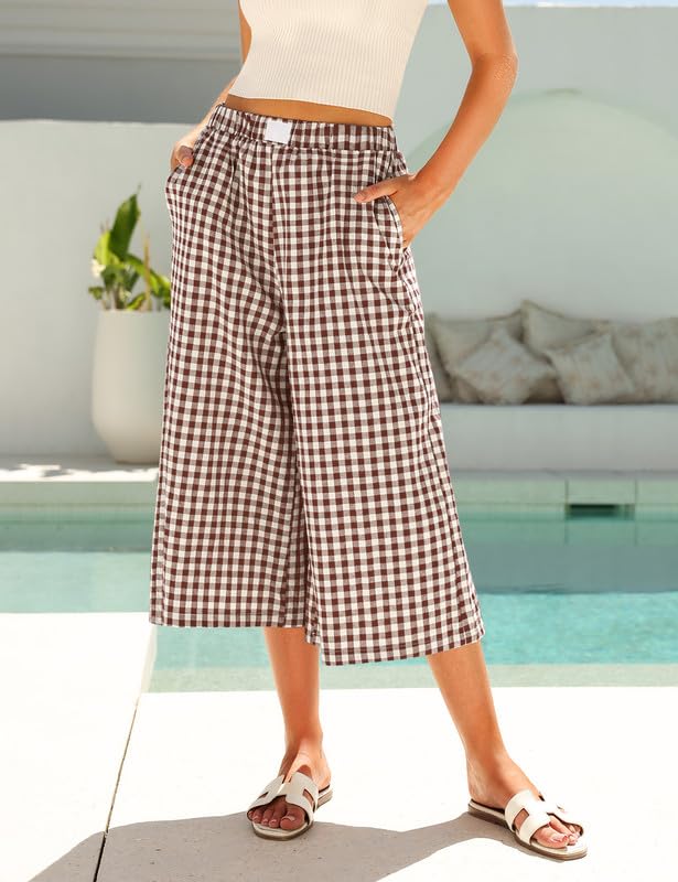 Image of Marvmys Women's Cotton Capri Pants Plaid Gingham Elastic Waist Casual Wide Leg Palazzo Culottes Pants with Pockets S-2XL