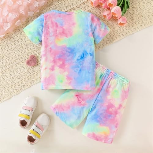 Image of Kids Girl Clothes Tie Dye Heart Print Short Sleeve Top and Shorts Toddler Girl Summer Outfits Short Set