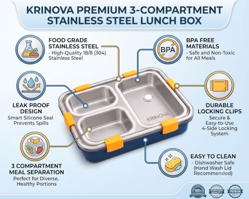 Image of 3 Compartment Stainless Steel Lunch Box with Spoon & Fork | Leak Proof Bento Tiffin Box for Kids & Adults | Food Grade Container for Office, School, College & Traveler